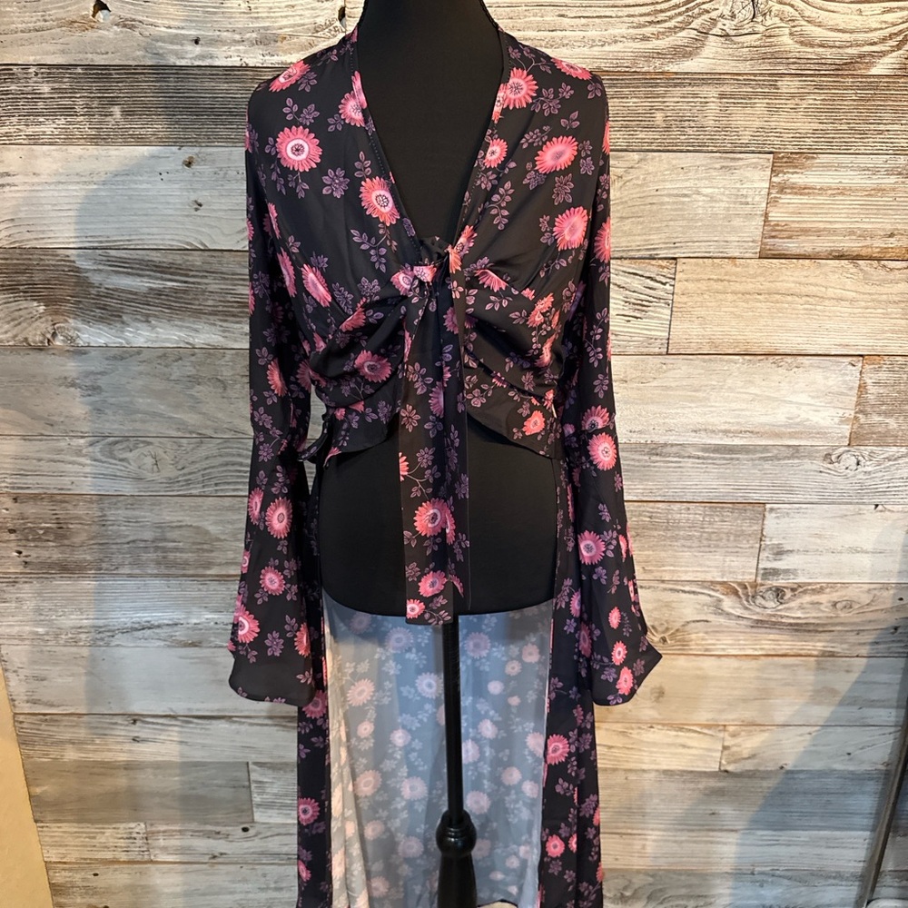 NWT Floral Sheer Black and Pink Women's High/Low Blouse